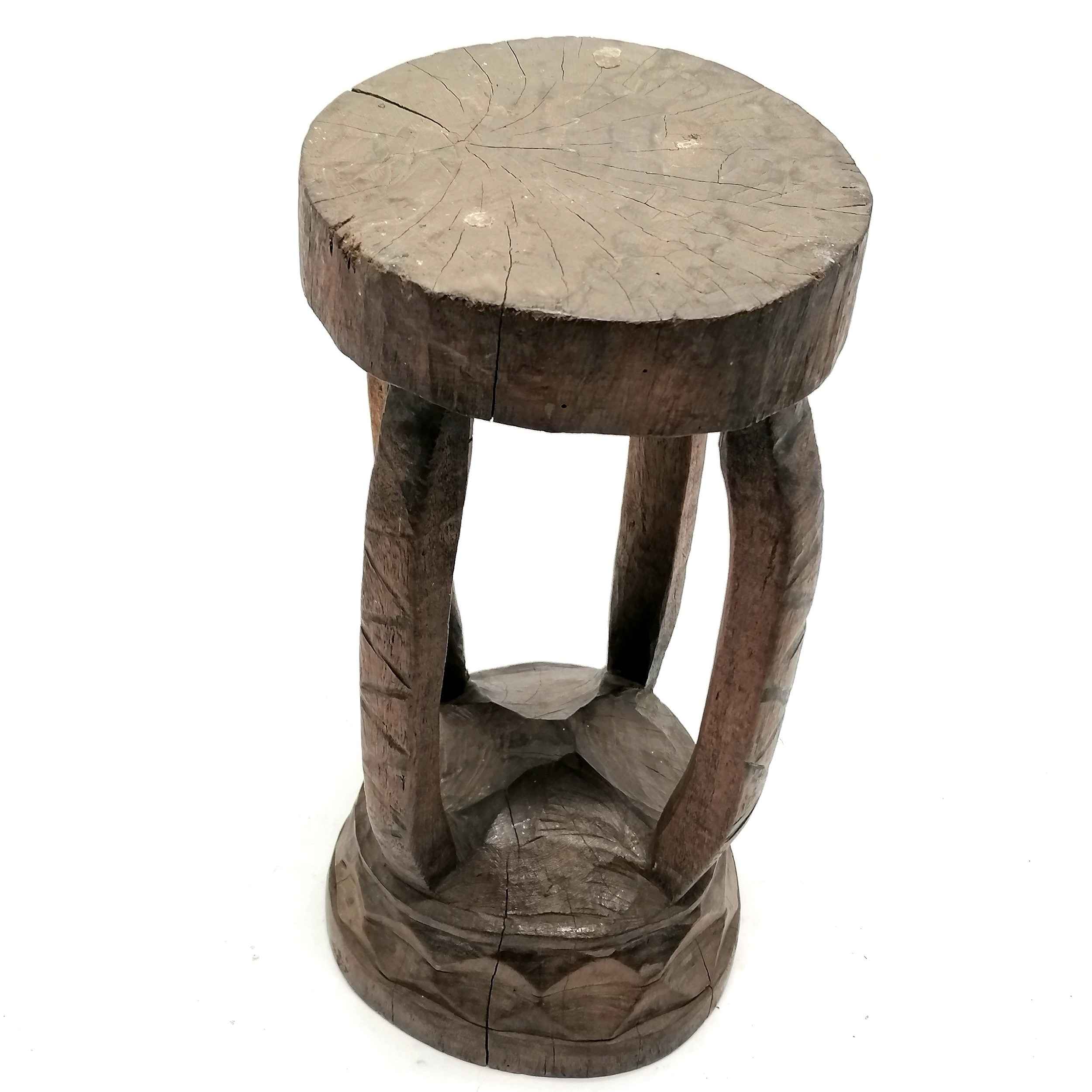 Tribal carved wooden stool43cm x 23cm - has loss to the top detail - some stress cracks - Image 2 of 3