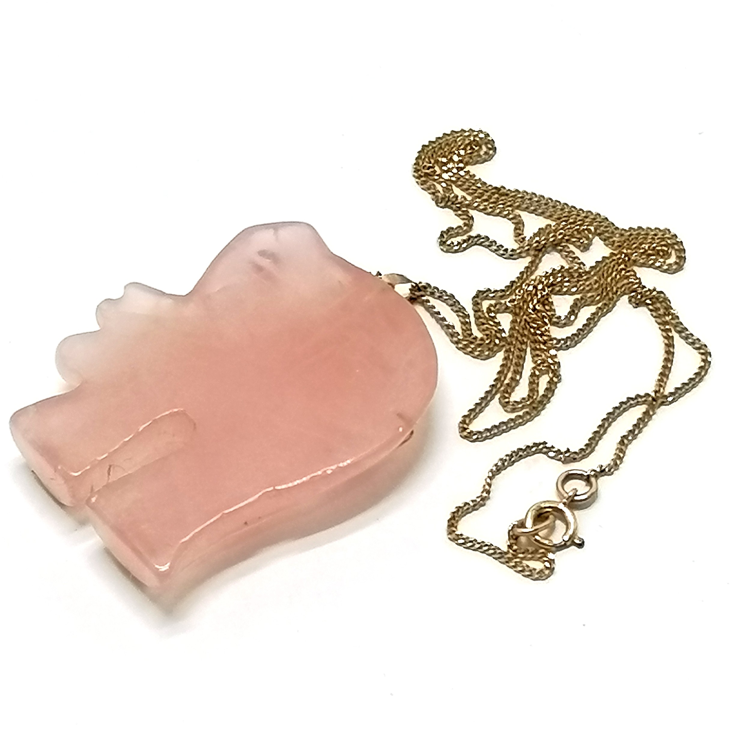 14k marked gold rose quartz elephant pendant with ruby eye (missing tusk) on a 9ct marked gold - Image 2 of 3