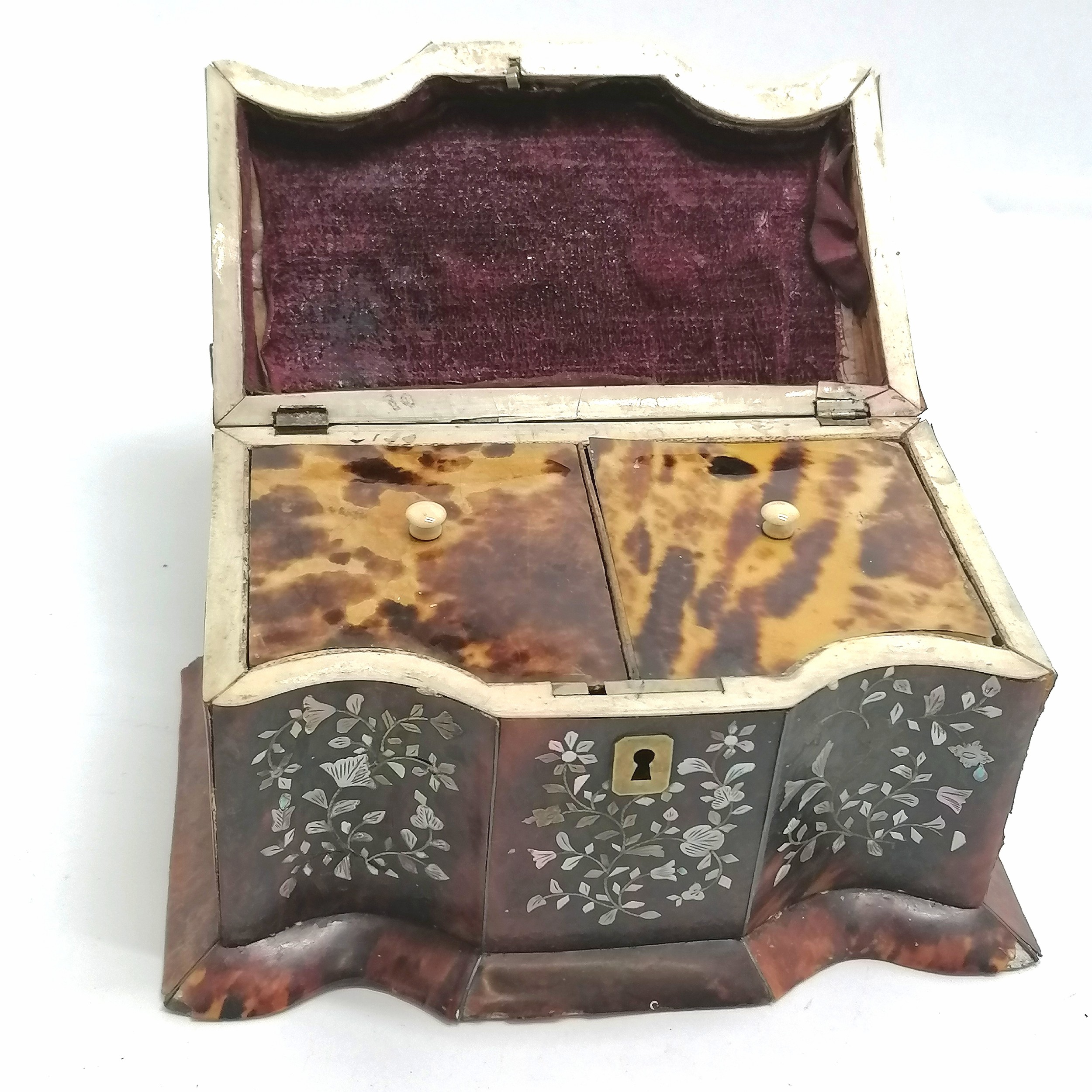 Antique tortoiseshell and mother of pearl tea caddy for restoration 20cm x 12cm x 12cm high - Image 3 of 8