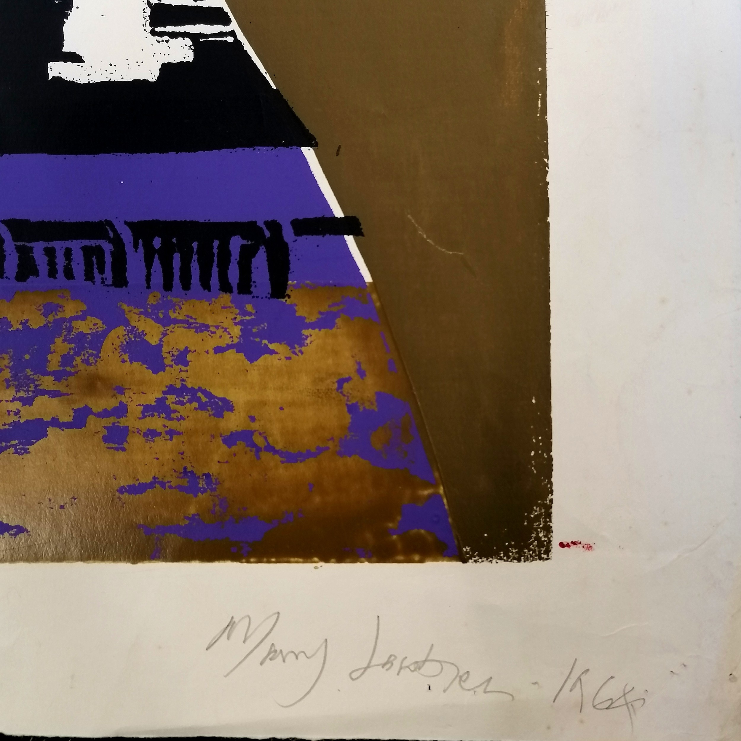 Mary Jacobsen (née Futo) 1964 screen print of the London docks signed and dated 63cm x 52cm - some - Image 2 of 2