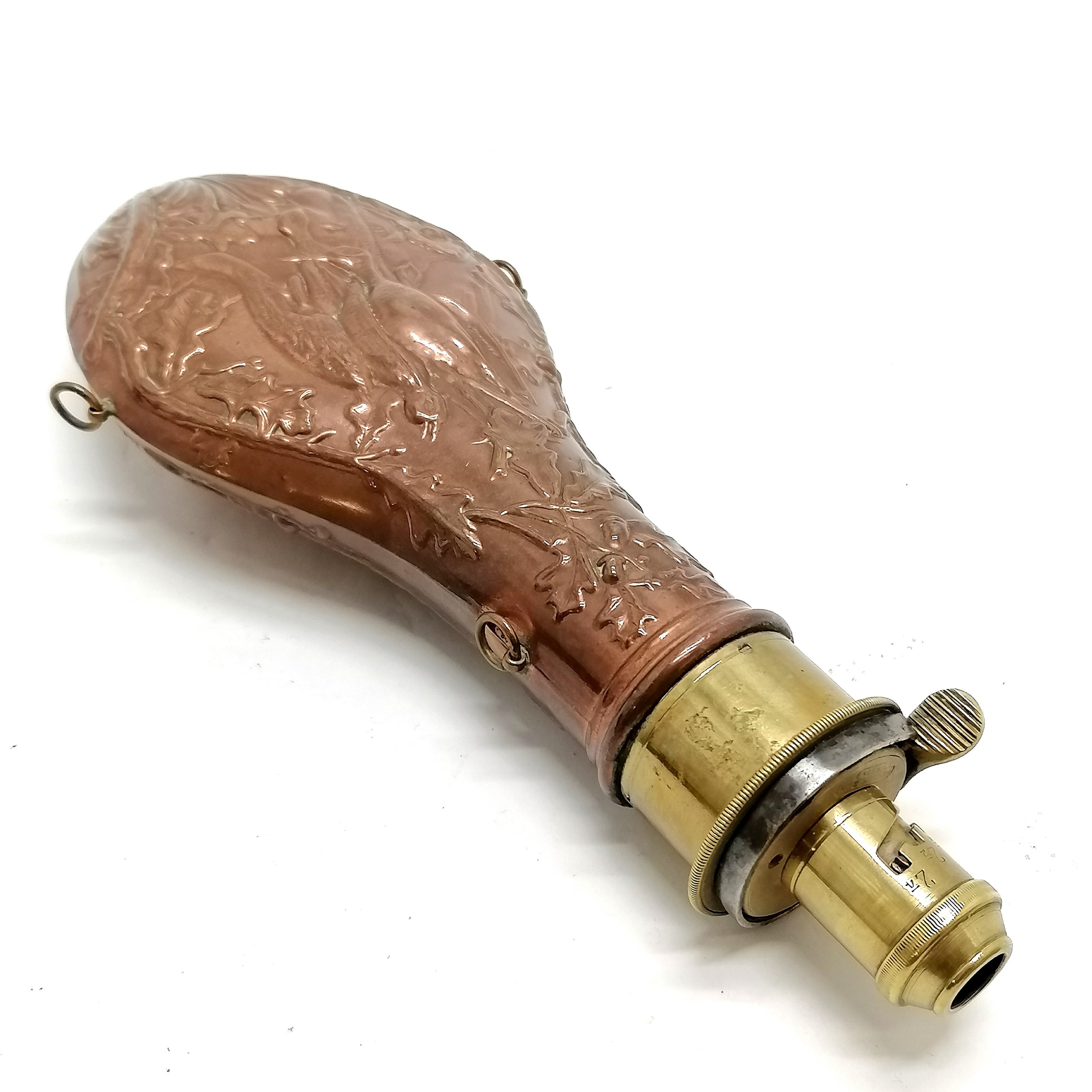 Vintage copper & brass shot powder flask by Handsome & Co RSTN - 21cm long - Image 3 of 3