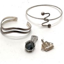 Silver jewellery - fancy stone set pendant (4cm drop), sailing ship pendant & 2 bangles ~ total