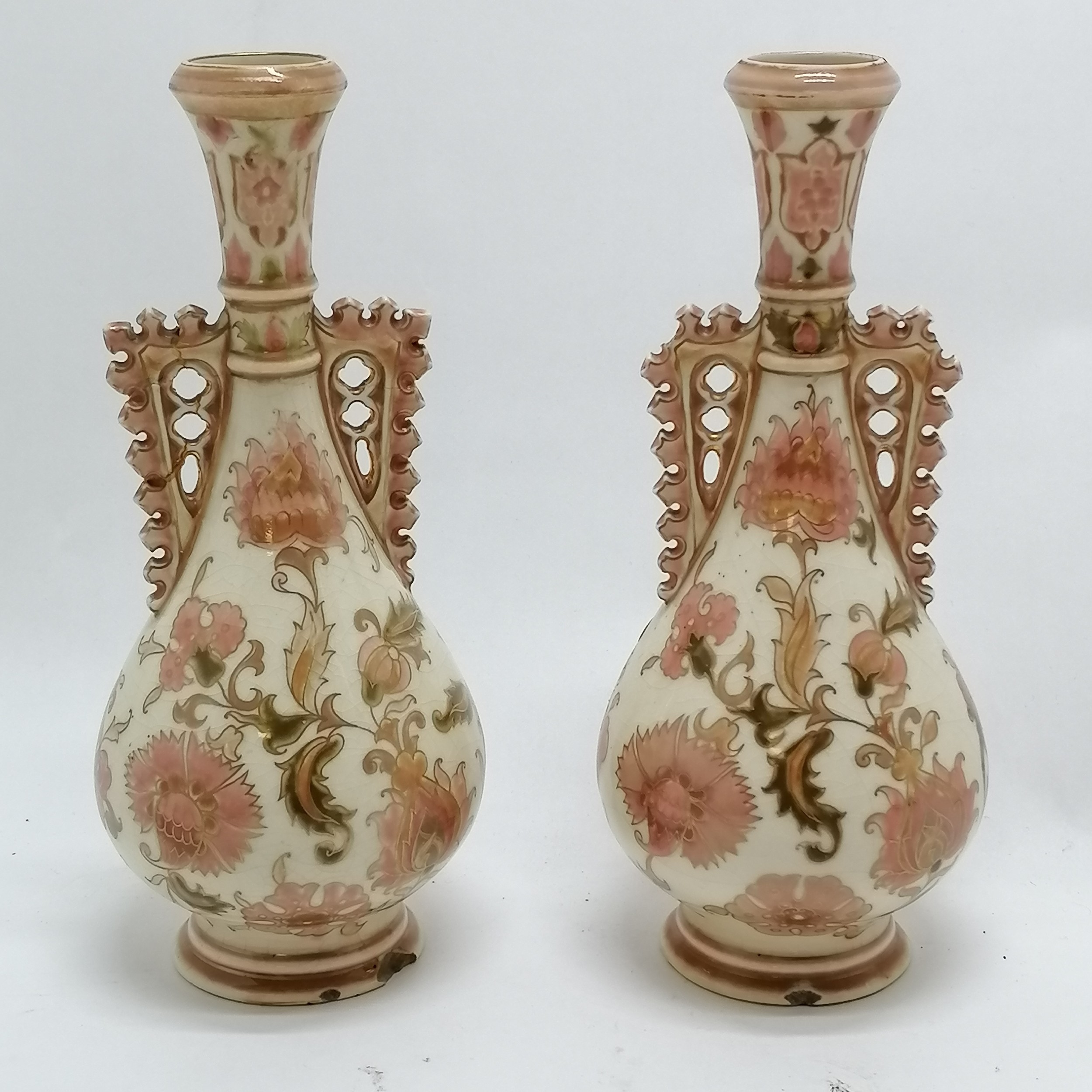 Zsolnay (Pecs, Hungary) pair of decorative vases - 21cm high & both are a/f - Image 3 of 8