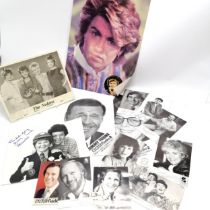 Qty of radio / tv stars hand signed autographs inc The Nolans, Terry Wogan, Ernie Wise, Jill