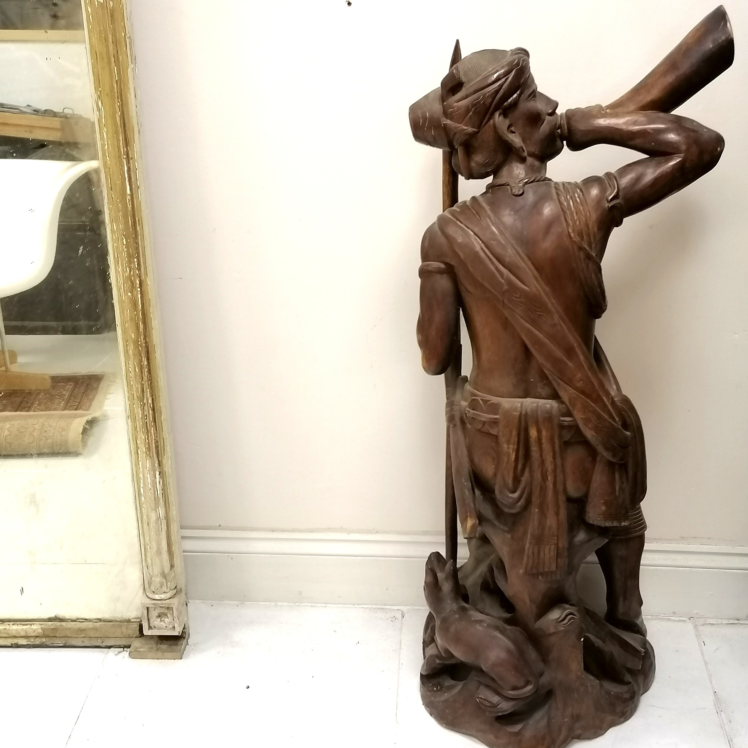 Asian carved hardwood figure of a huntsman with his horn, spear and his dog, 124 cm high x 48 cm - Image 2 of 4