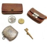 Antique silver vesta, Windsor castle small brass tin (23mm), walking stick design watch key,