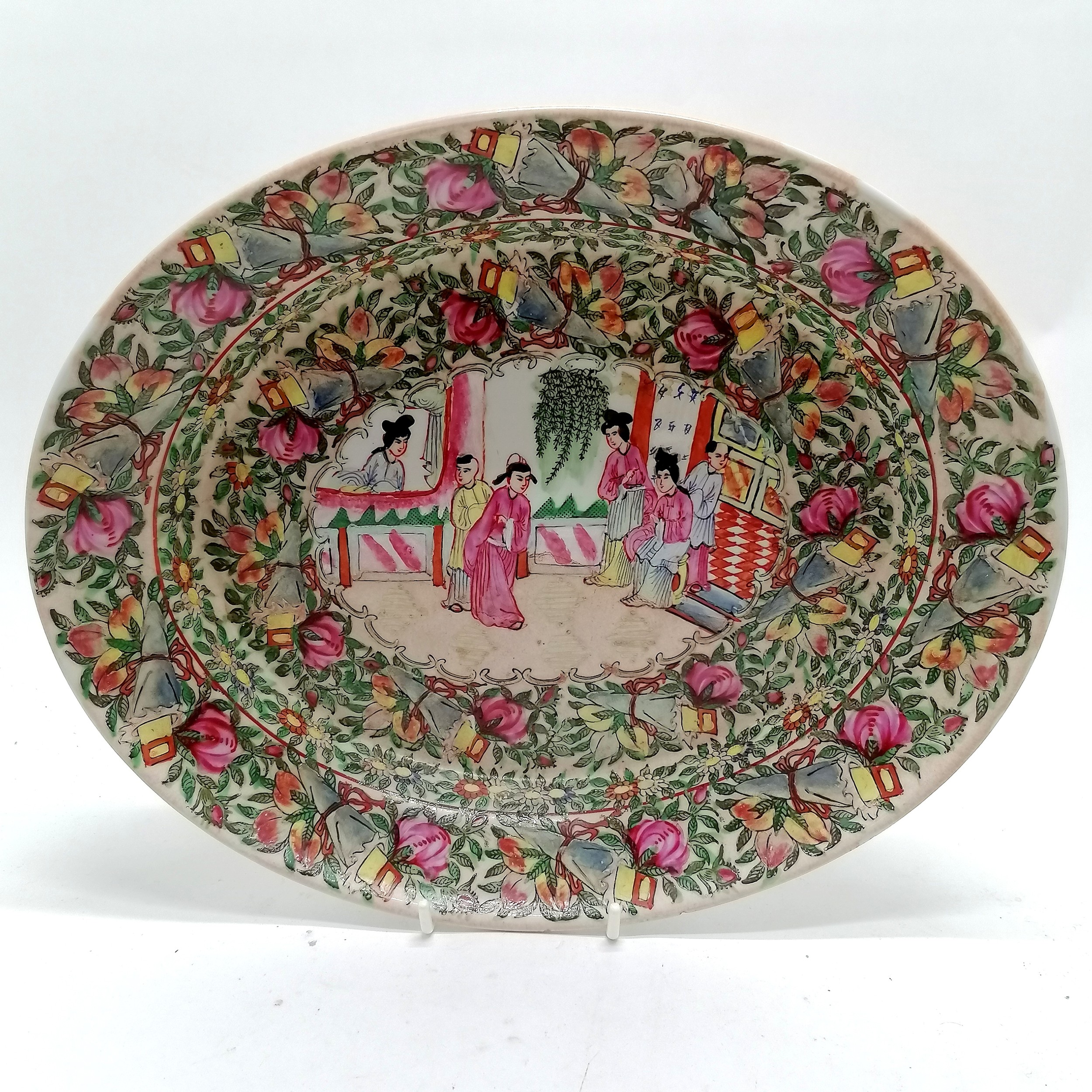 Antique Chinese/ Cantonese hand painted plate 25.5cm diameter has obvious loses T/W an oval hand - Image 7 of 7