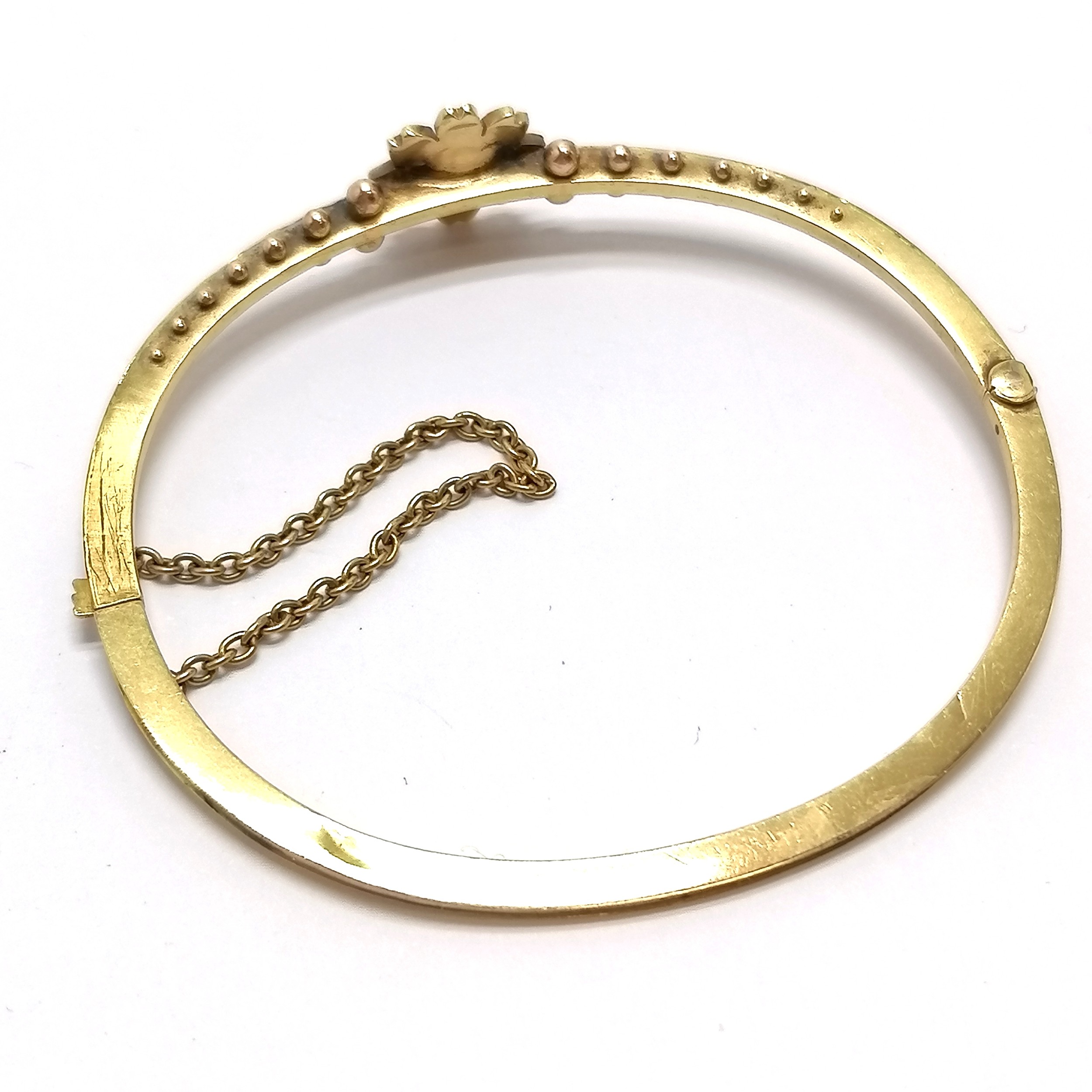 Antique unmarked gold (touch tests as 15ct) pearl set bangle - 5.5cm internal diameter across & - Image 3 of 4