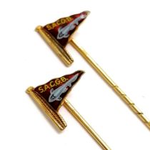 2 x 9ct hallmarked gold SACGB (Shark Angling Club of Great Britain) stick / tie pins with enamel