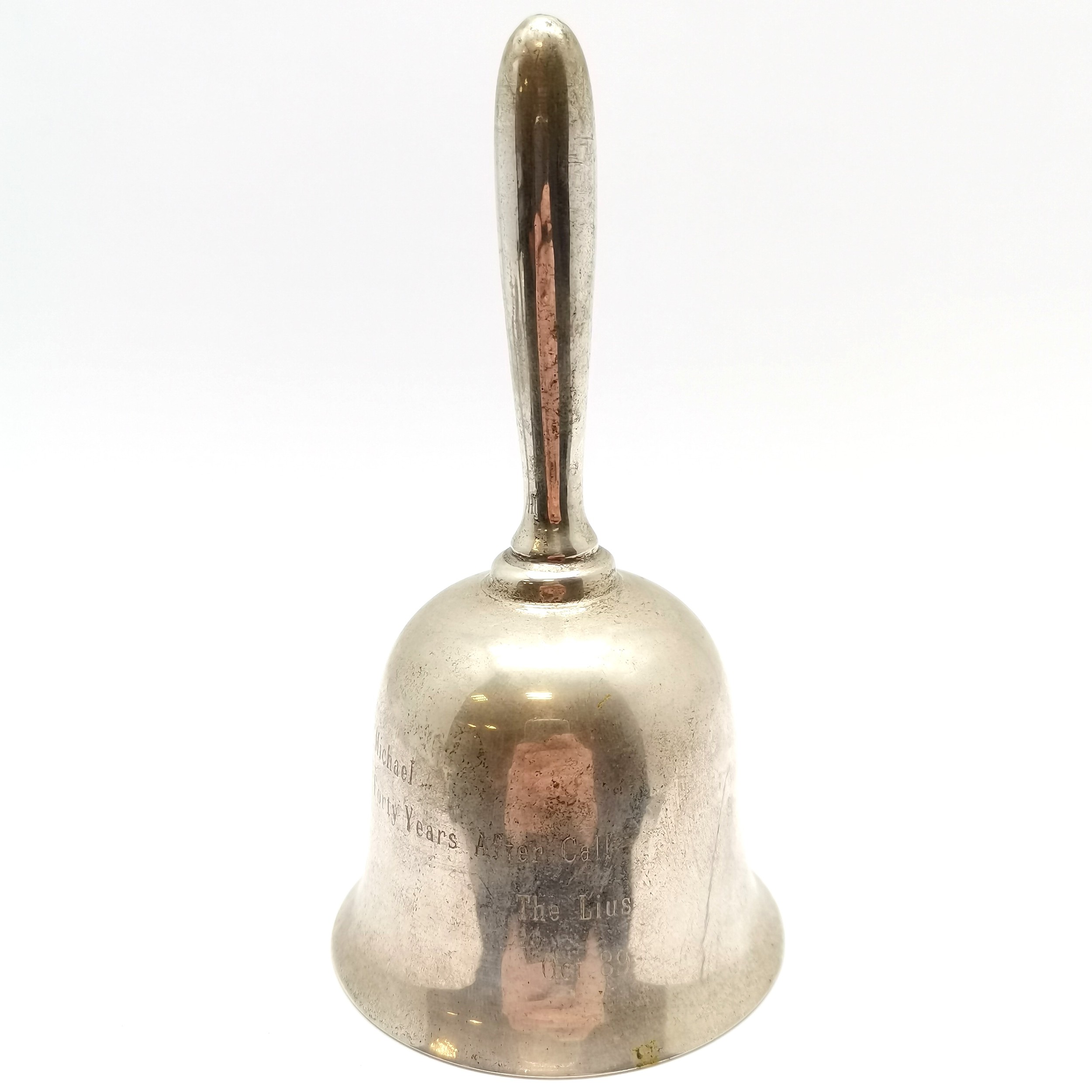 Italian hallmarked bell with dedication (October 1989) ~ 11cm high & 60g - some surface tarnish