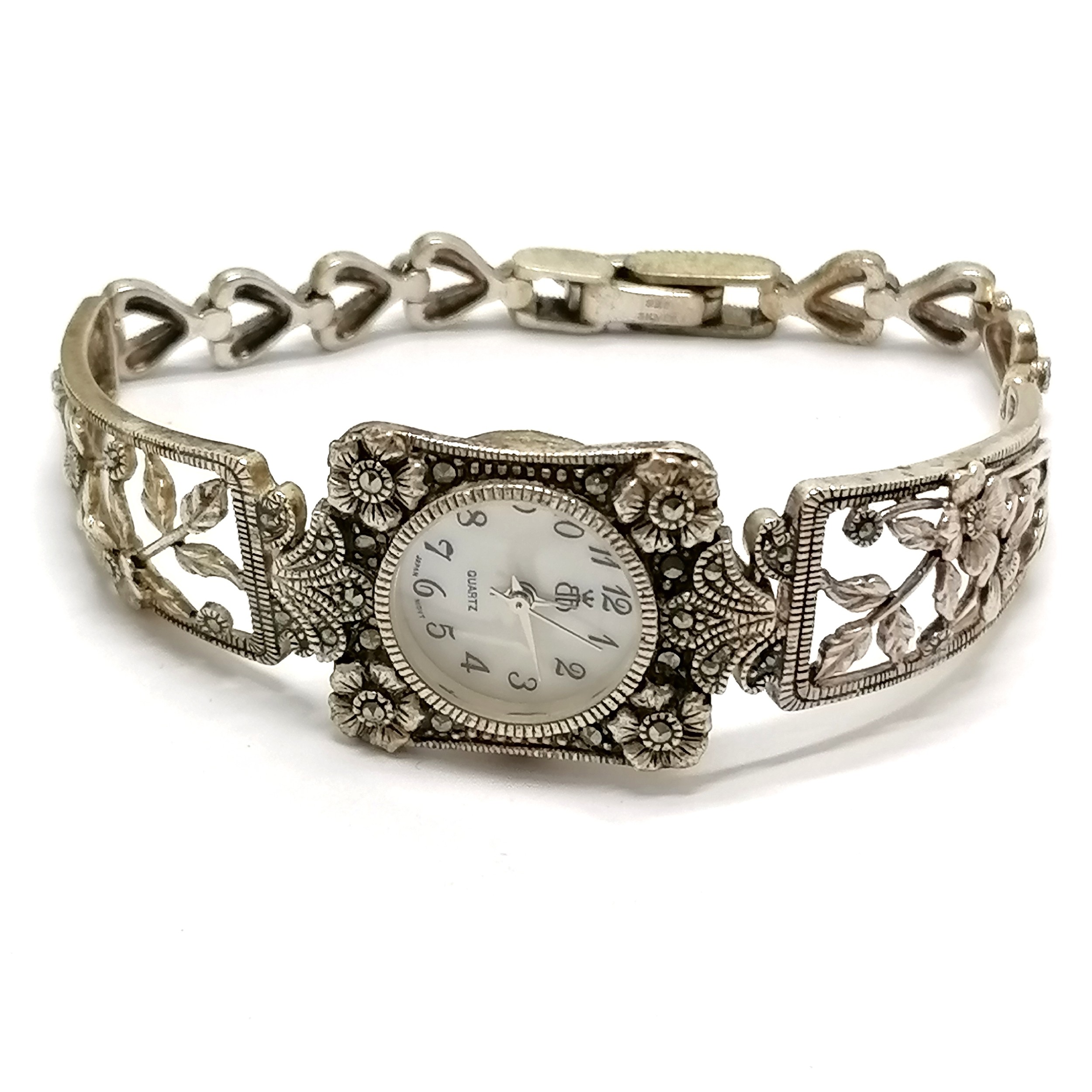 Sterling silver quartz ladies wristwatch with marcasite stone set detail - 18cm long & 25g in a - Image 2 of 3