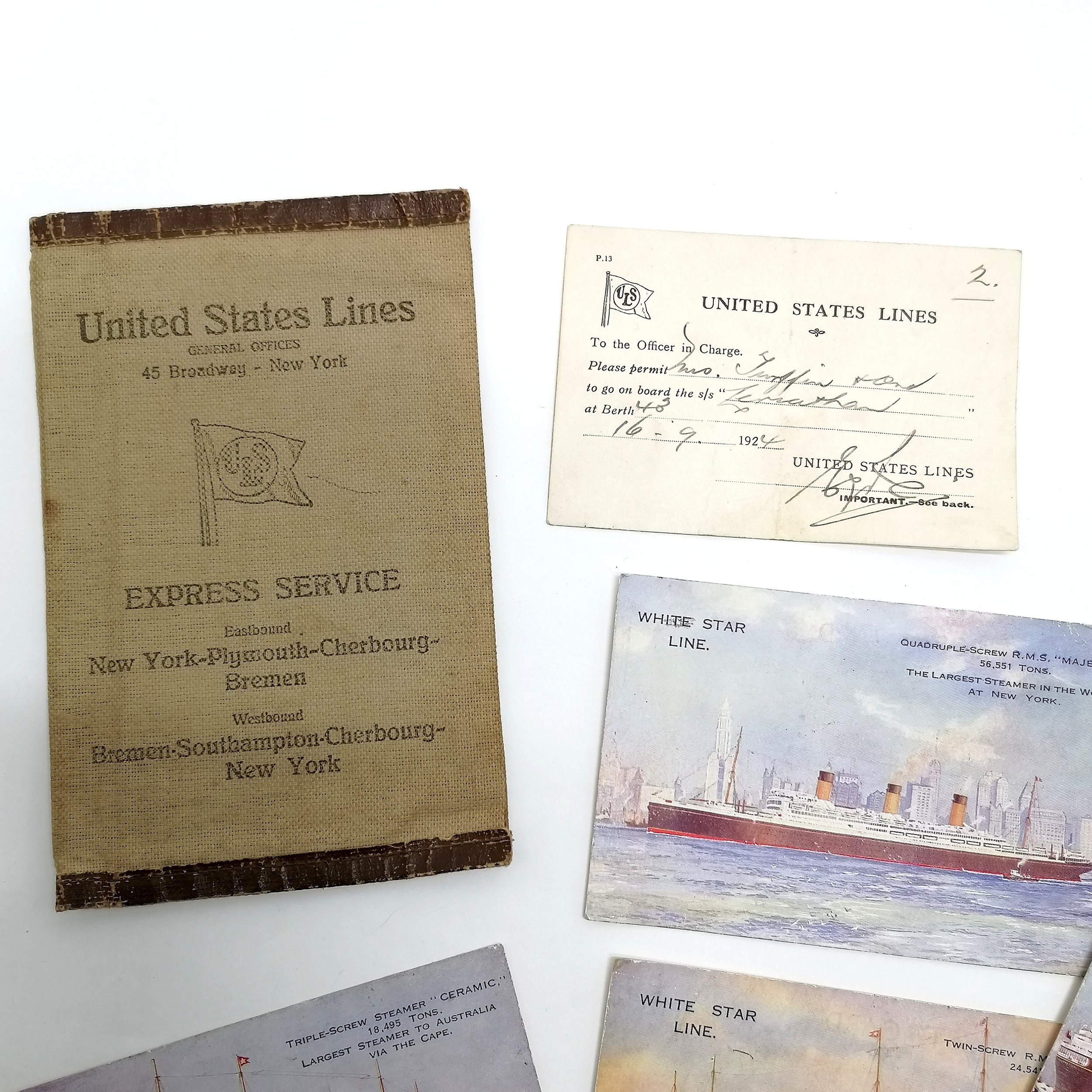 1924 United States Lines folder containing s/s Leviathan boarding pass, 6 postcards + photos - Image 4 of 4