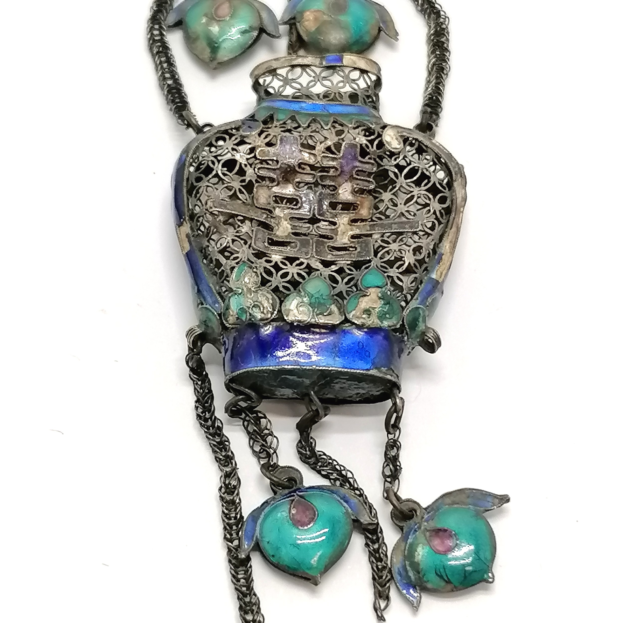 Antique Chinese unmarked silver & enamel hanging decoration - 18cm drop ~ 20g total weight & has - Image 5 of 5