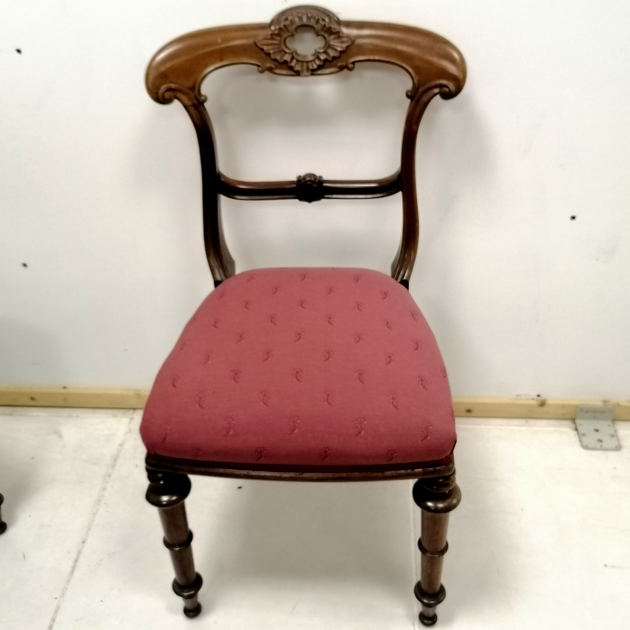 Set of 4 William IV mahogany dining chairs, with carved detail to backrests, upholstered in a wine - Image 2 of 3