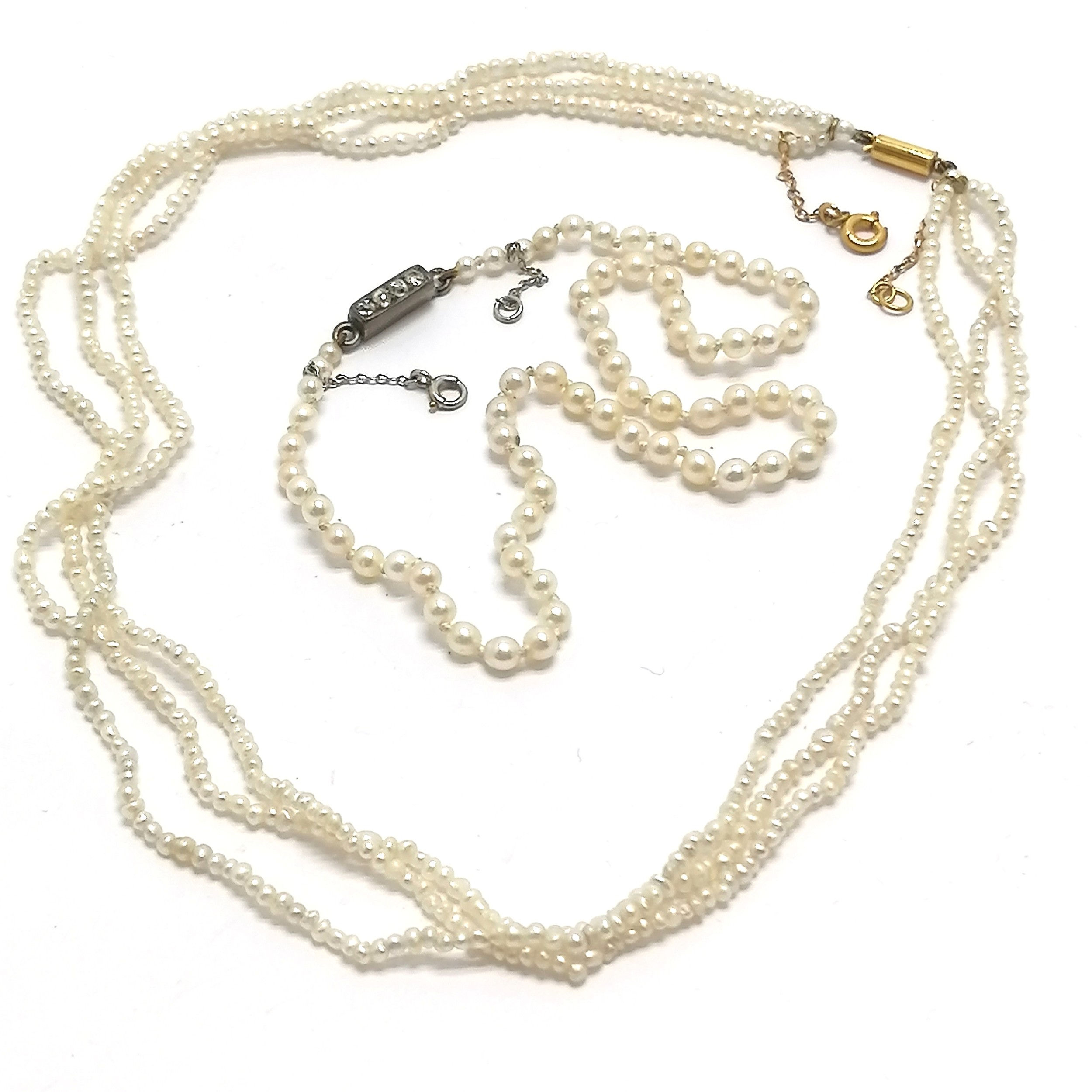 Antique triple strand of seed pearls with gold clasp (32cm) t/w pearl bracelet - SOLD ON BEHALF OF