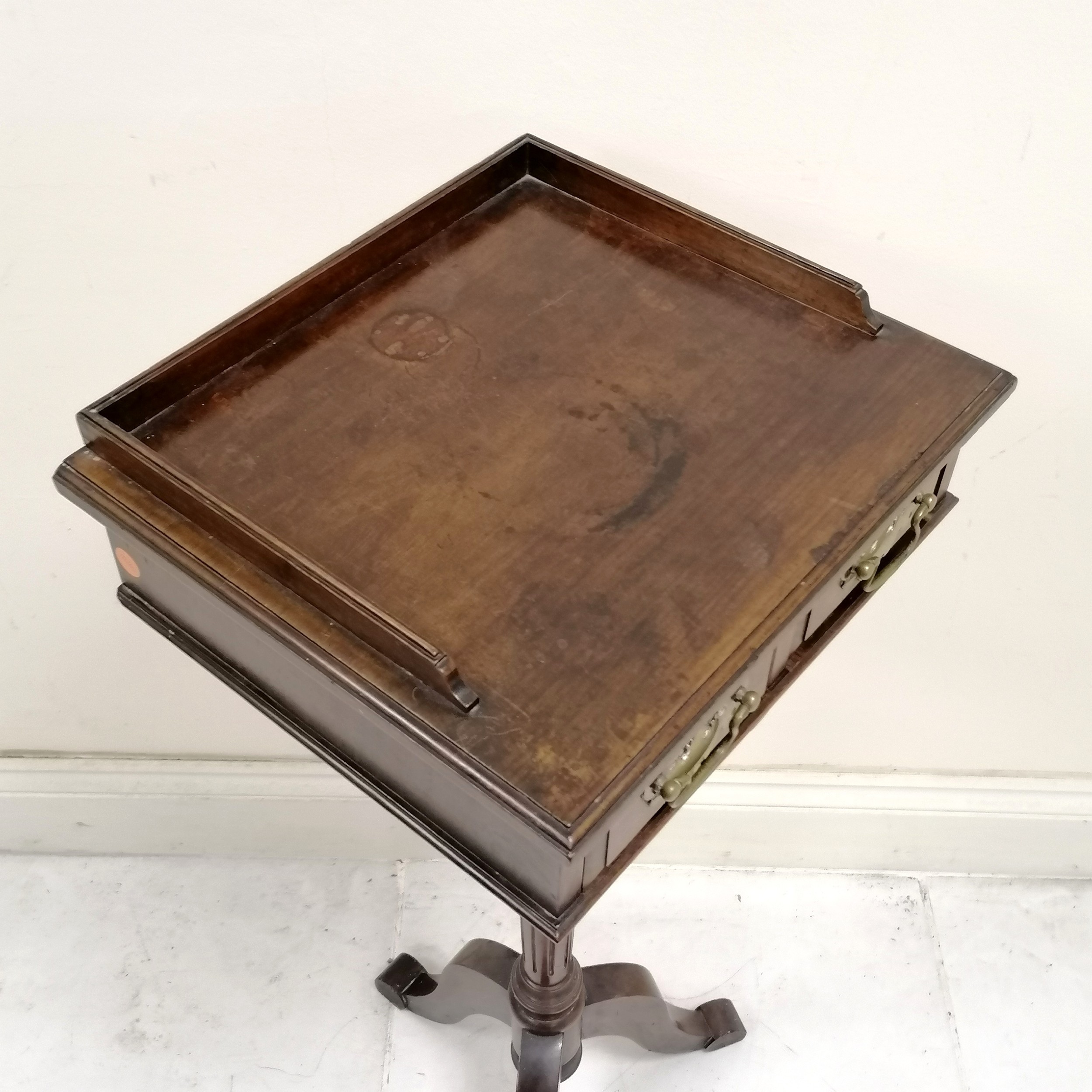 Antique mahogany 2 drawer smokers table with tripod base and galleried top, with marks and rings, 41 - Image 3 of 4