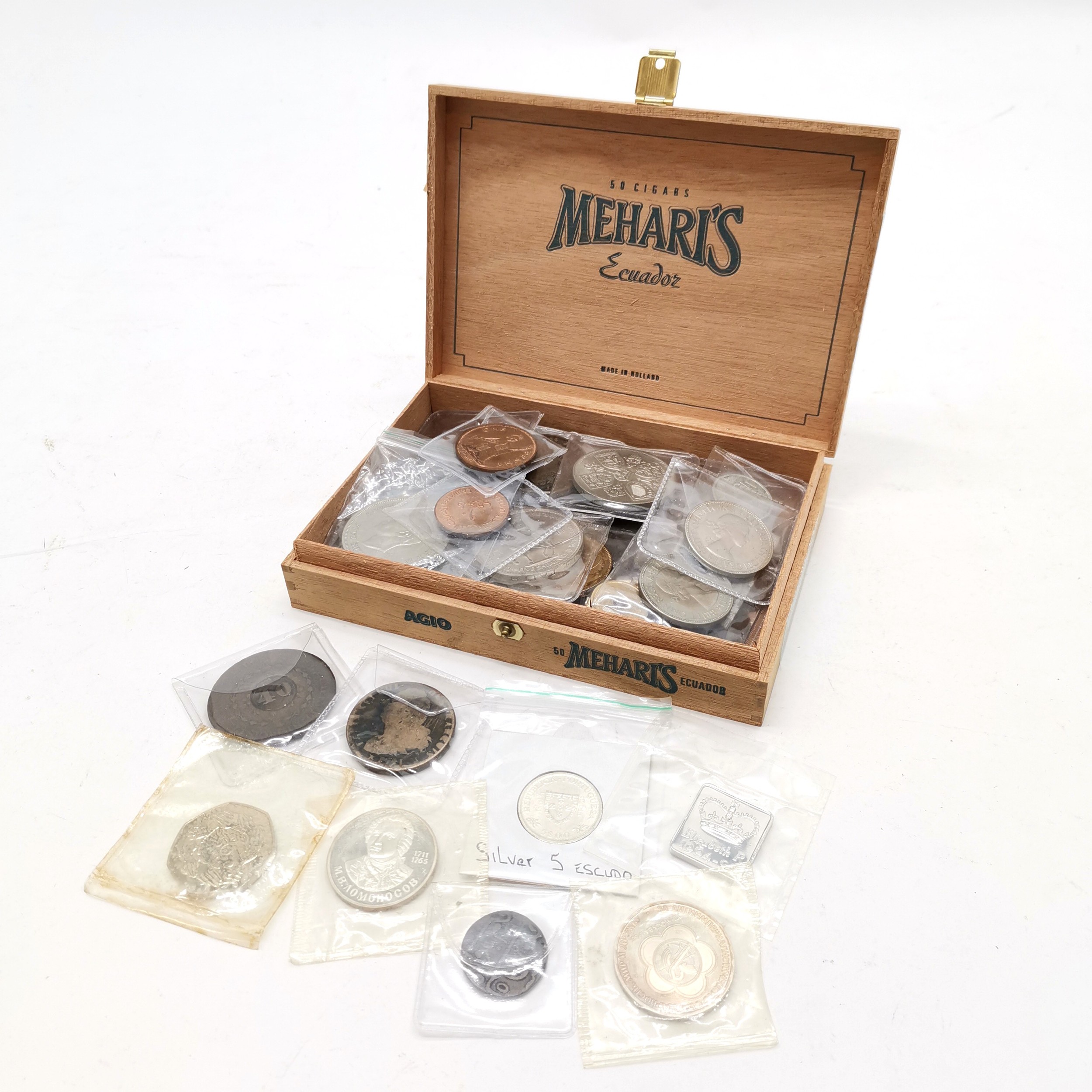 Mehari's (Ecuador) cigar box containing qty of coins (British & World from George III+)