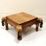 Indian carved teak coffee table with carved elephants on each corner as supports, 65 cm square x