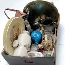 Qty of oddments inc 2 x vintage money boxes, coronet camera, Royal Doulton hot water bottle etc ~