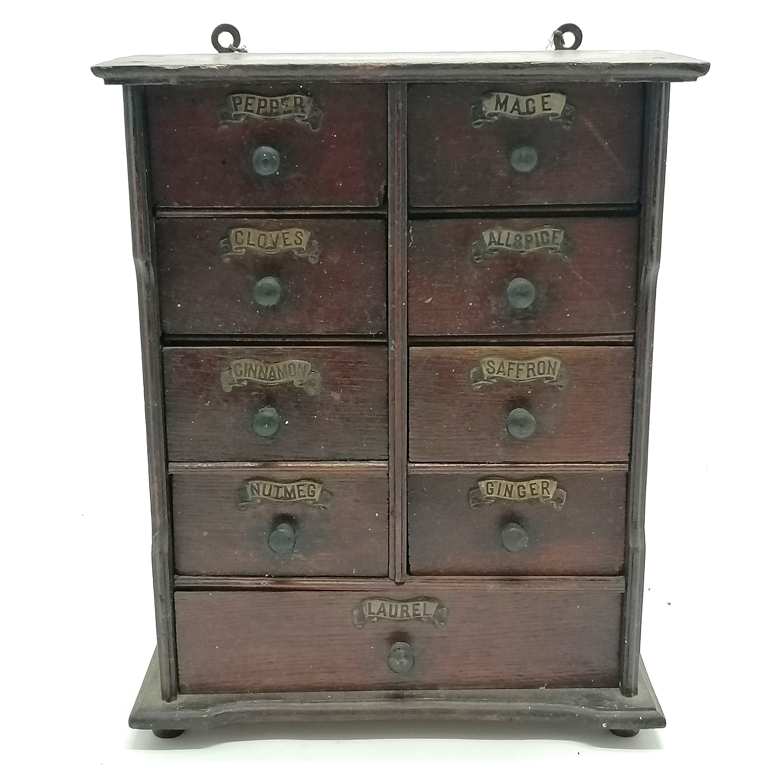 Antique wooden spice cabinet with 9 drawers & with original metal labels - 32cm high x 26cm wide x