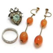 Pair of 9ct marked gold cornelian drop earrings (5.5cm), silver paste brooch (a/f) & silver ring (