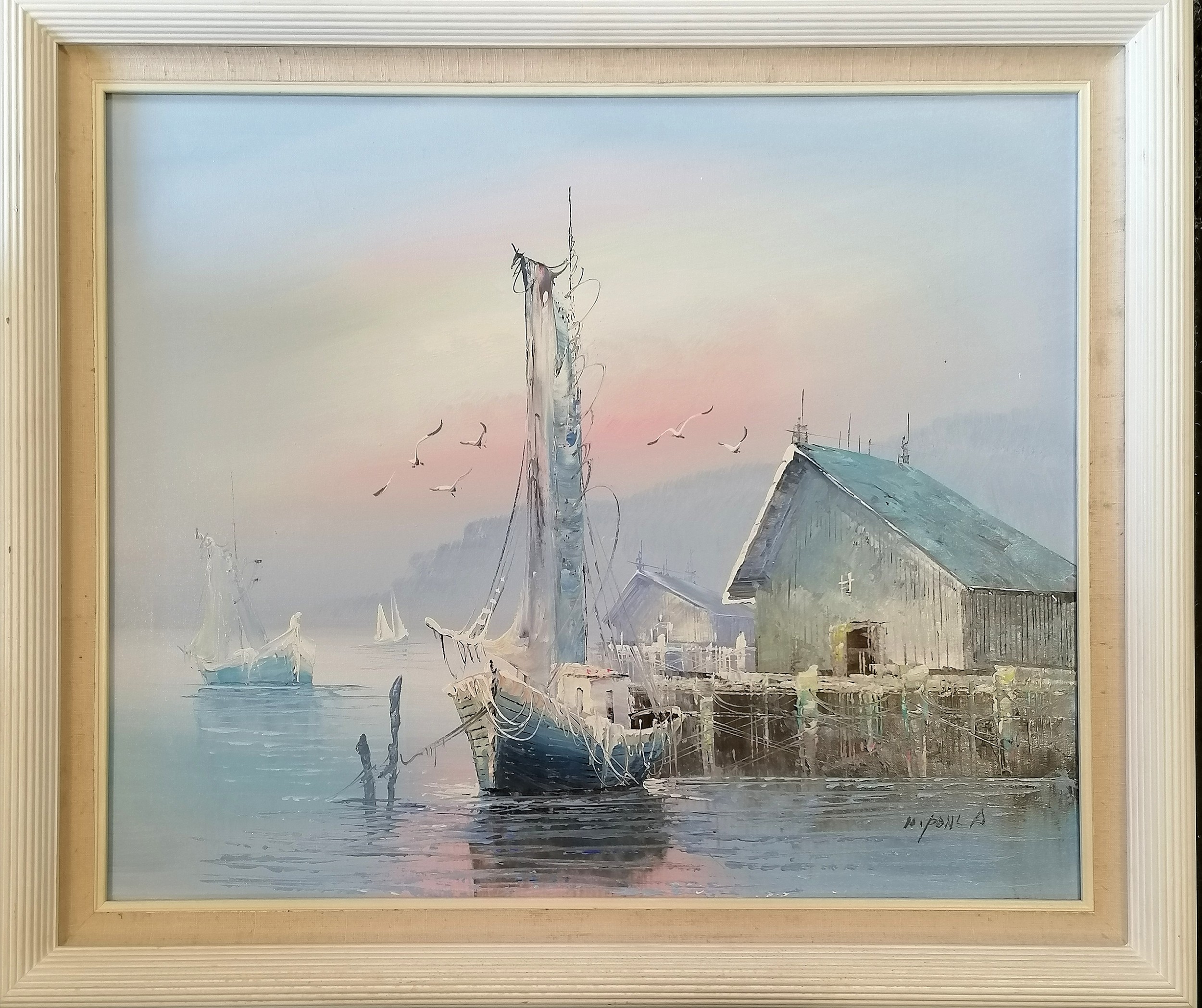 Signed oil painting on canvas of a fishing boat moored at quay - frame 62.5cm x 72.5cm