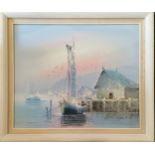 Signed oil painting on canvas of a fishing boat moored at quay - frame 62.5cm x 72.5cm