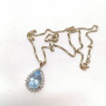 9ct hallmarked gold pear shaped blue topaz & diamond pendant on 9k marked gold 44cm chain - total