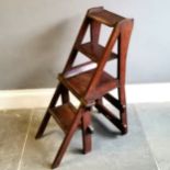 Antique metamorphic oak chair / library steps with gothic style cut-outs - folded 90cm x 40cm x 42cm