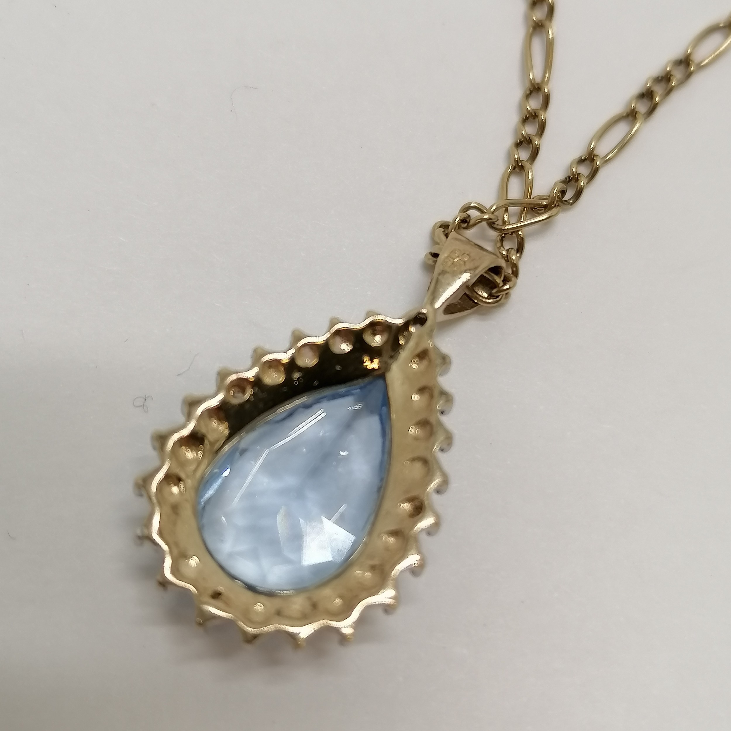 9ct hallmarked gold pear shaped blue topaz & diamond pendant on 9k marked gold 44cm chain - total - Image 2 of 3