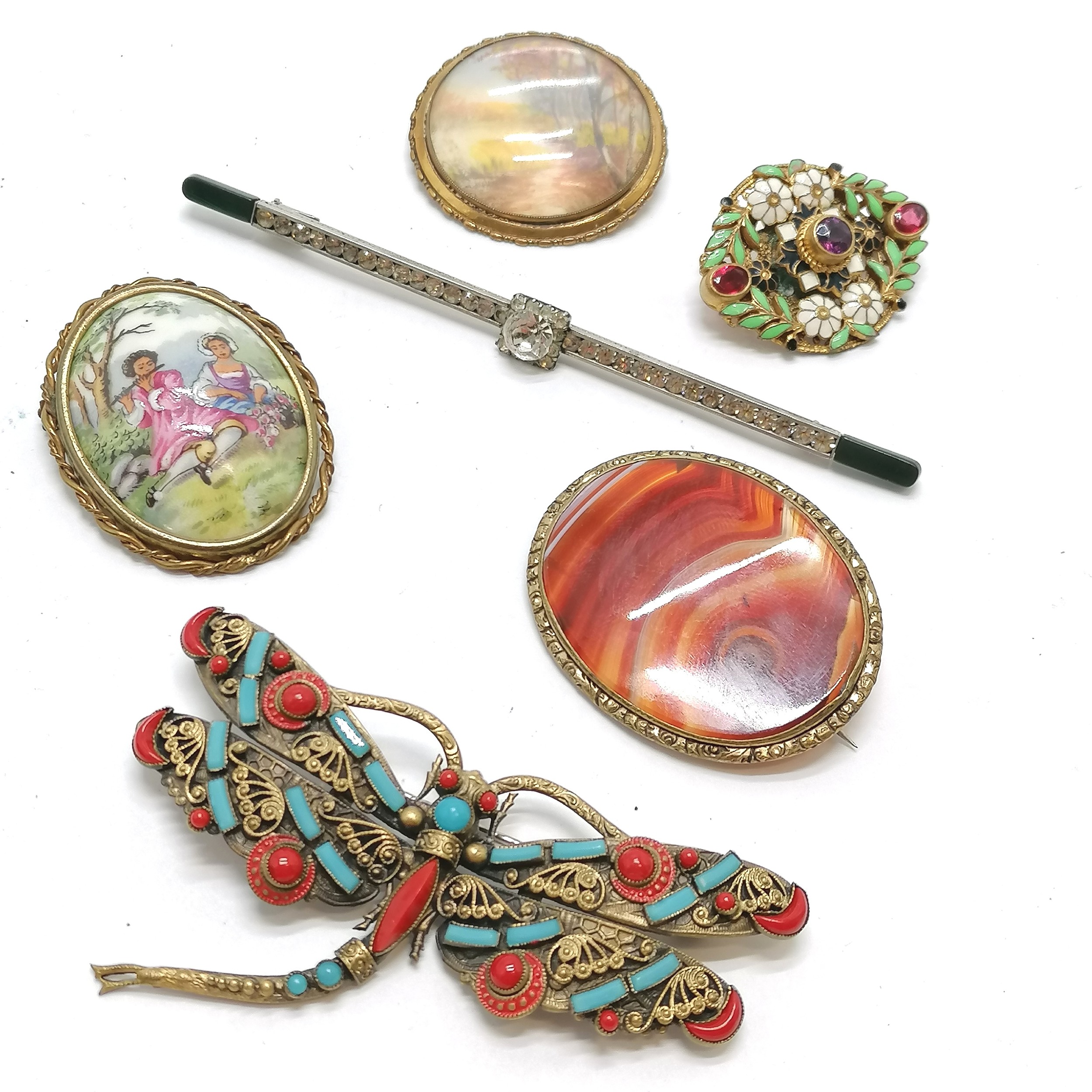 6 x vintage brooches inc agate, TLM hand painted, dragonfly (8cm wingspan), enamelled, Limoges etc