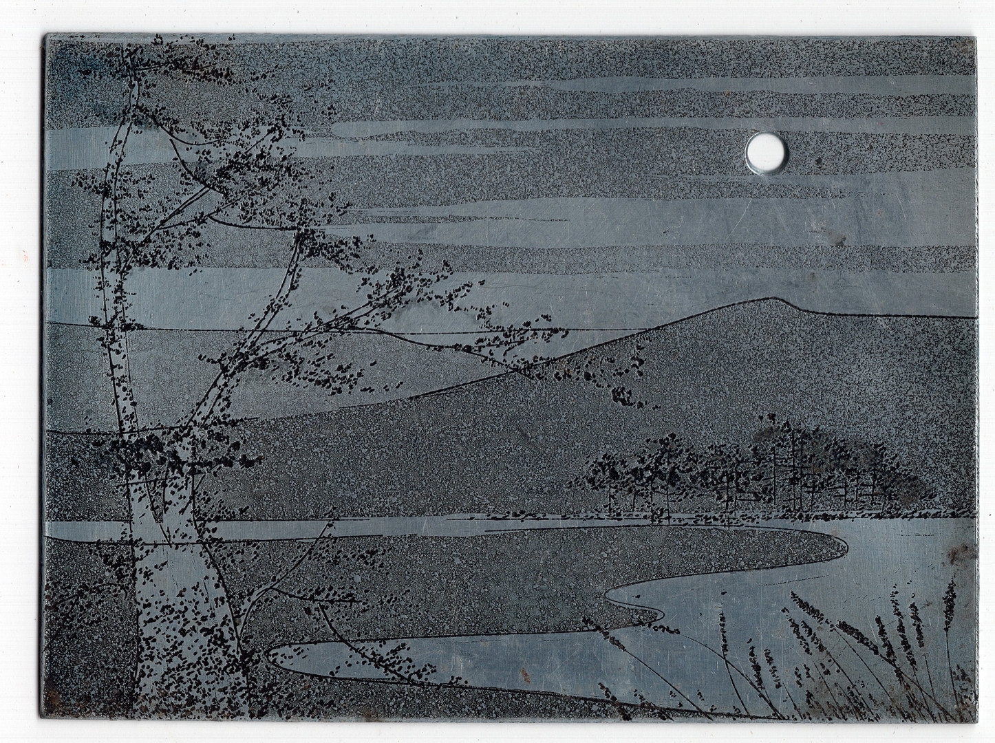 Ian Laurie (1933-2022) original metal printing plate of a tree with hills in background - 7.6cm x