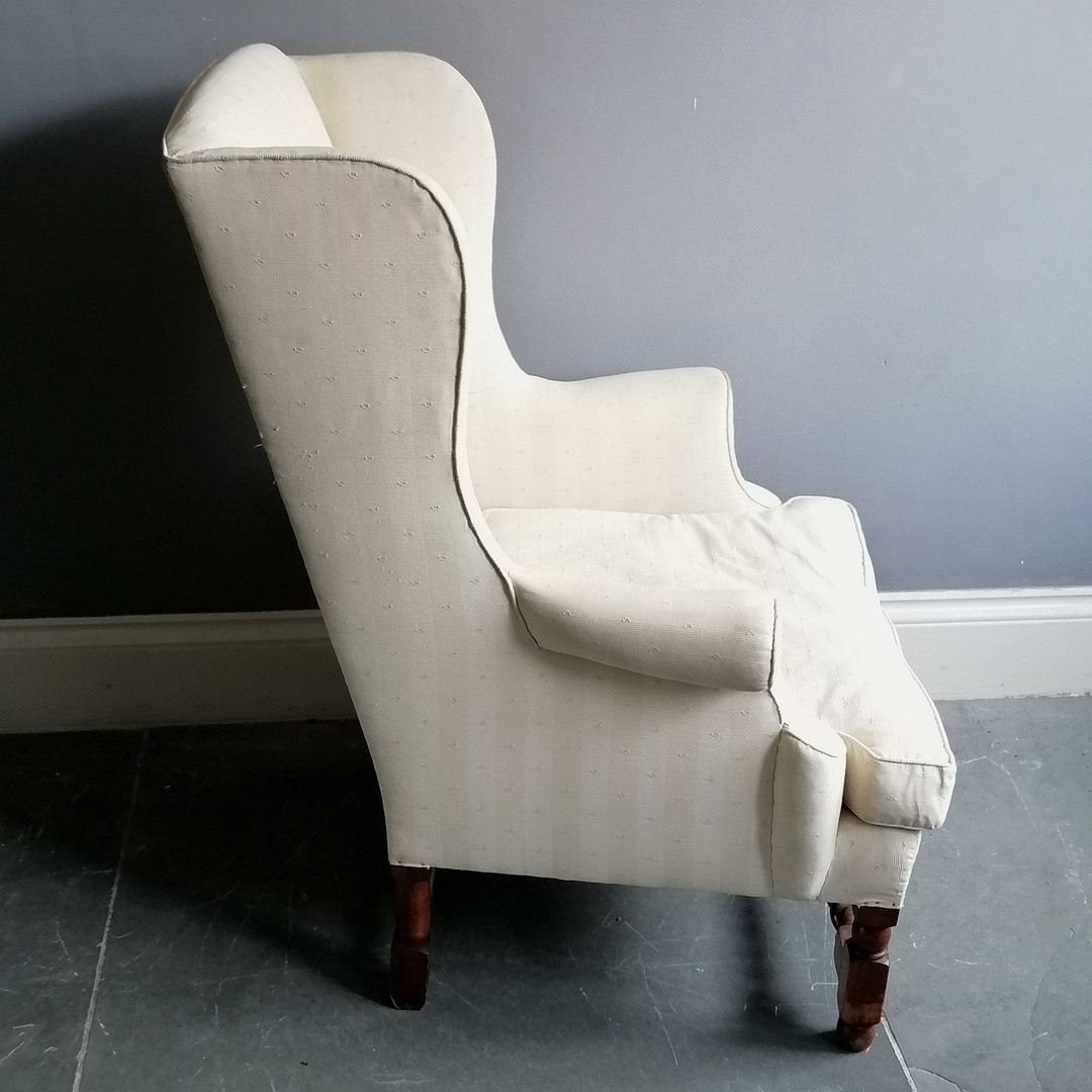 Antique ladies cream upholstered wing armchair with barley twist mahogany stretcher and feather seat - Image 4 of 8