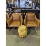 2 Leather Lounge Chairs with Warren & Wayne Wood Co. Table. New in 2023 - Table New Approx. $750.00