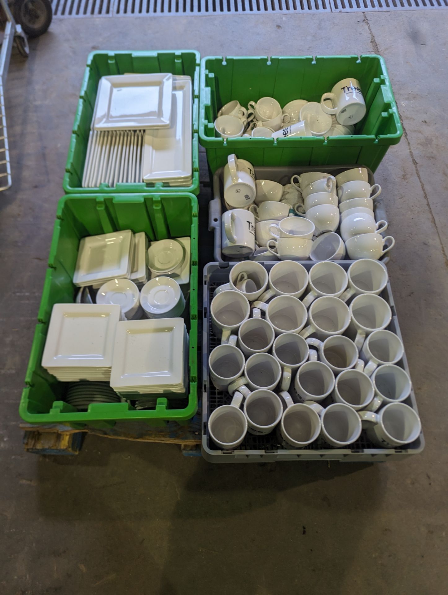 Pallet of White Dishes, Mugs, Cups, etc.