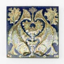 Attributed to PILKINGTON'S ROYAL LANCASTRIAN; a lustre tile, relief decorated with fish and seaweed,