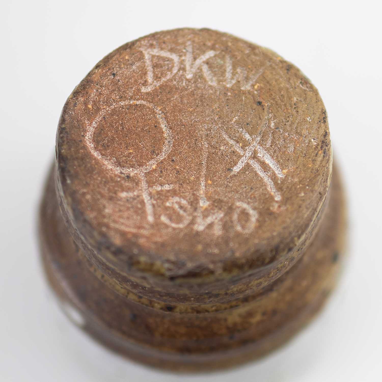 † DENISE WREN (1891-1979) for Oxshott Pottery; a salt glazed jar on tripod feet partially covered in - Image 6 of 7