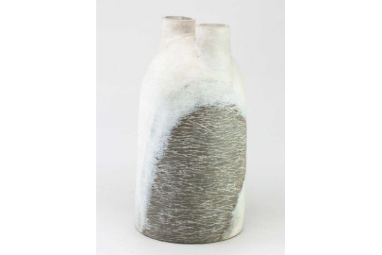 † ALEX HAGEN; a tall double necked stoneware vessel partially covered in white glaze with incised - Image 5 of 11