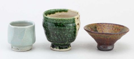 † AKI MORIUCHI (born 1947); a stoneware cup partially covered in oribe style glaze, impressed