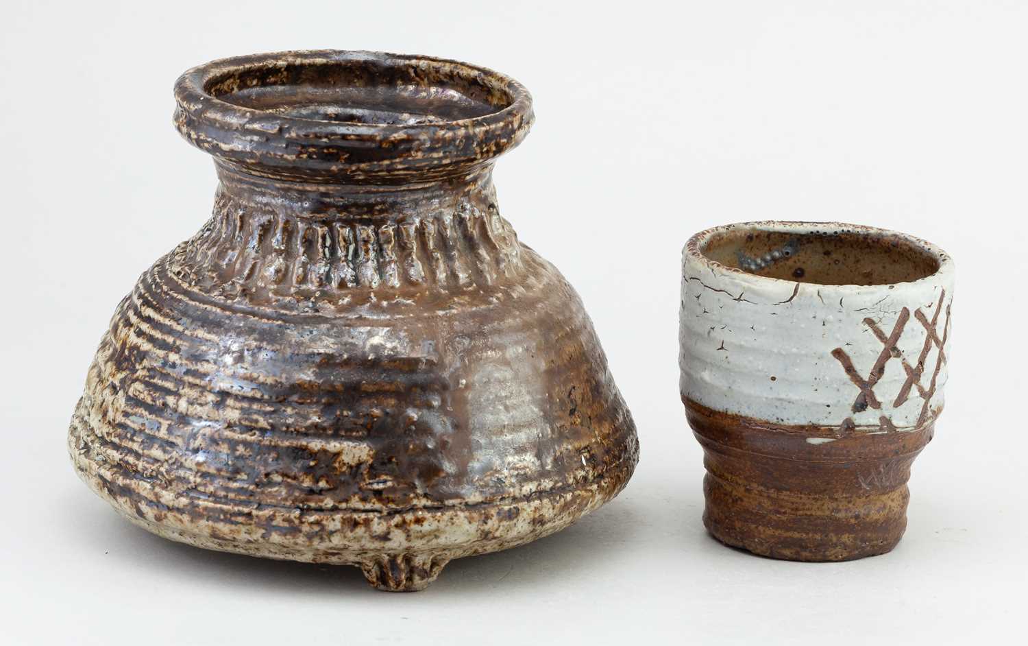 † DENISE WREN (1891-1979) for Oxshott Pottery; a salt glazed jar on tripod feet partially covered in - Image 3 of 7