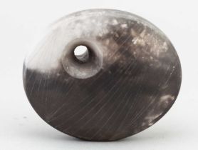 † ANTONIA SALMON (born 1959); a smoke fired and burnished stoneware pierced oval form with incised