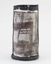 † ANNABEL FARADAY (born 1949); 'Battersea Windows', a squeezed cylindrical earthenware vessel with