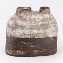 † ALEX HAGEN; a large oval double necked stoneware vessel covered in mottled white and iron glaze,