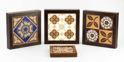 DOULTON LAMBETH; an art pottery tile decorated to the centre with a Tudor rose, 14 x 14cm, framed,