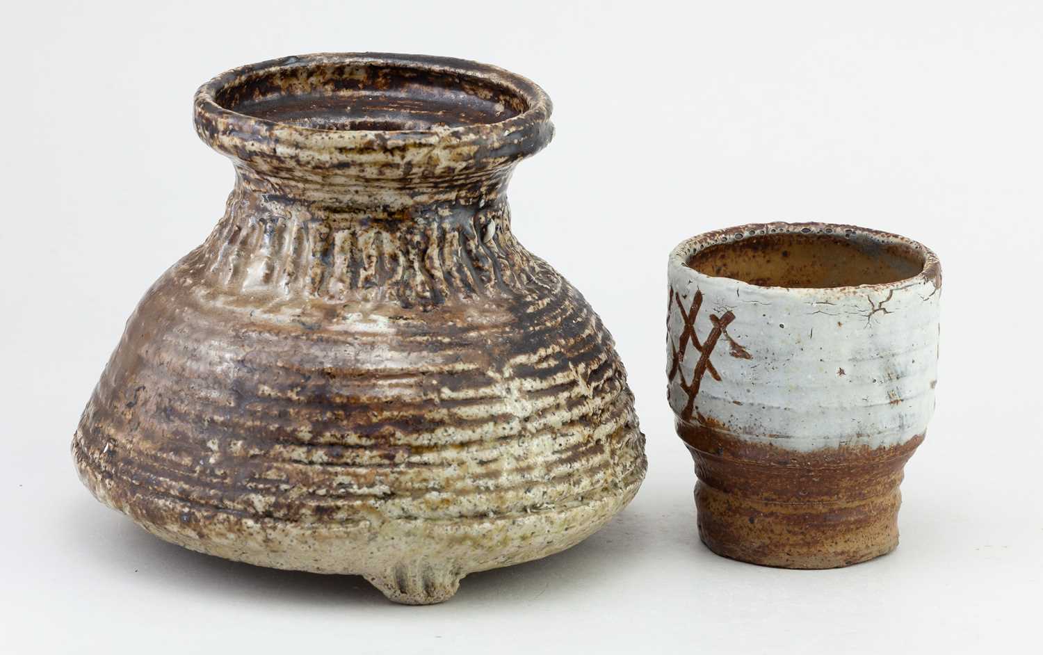 † DENISE WREN (1891-1979) for Oxshott Pottery; a salt glazed jar on tripod feet partially covered in - Image 4 of 7