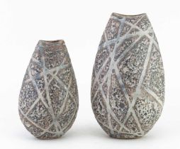 † ANDREW DAVIDSON; a flattened stoneware vase with textured surface covered in black and grey