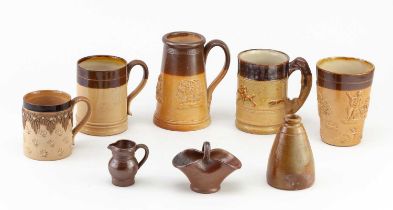 A miniature 19th century salt glazed basket, length 8.5cm, a similar jug, and Doulton Lambeth