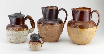 Three 19th century salt glazed jugs including an example by J Stiff & Sons decorated with a