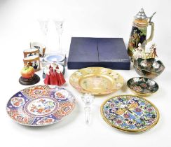A small mixed lot of ceramics, including a Crown Staffordshire bone china plate, a German tankard,