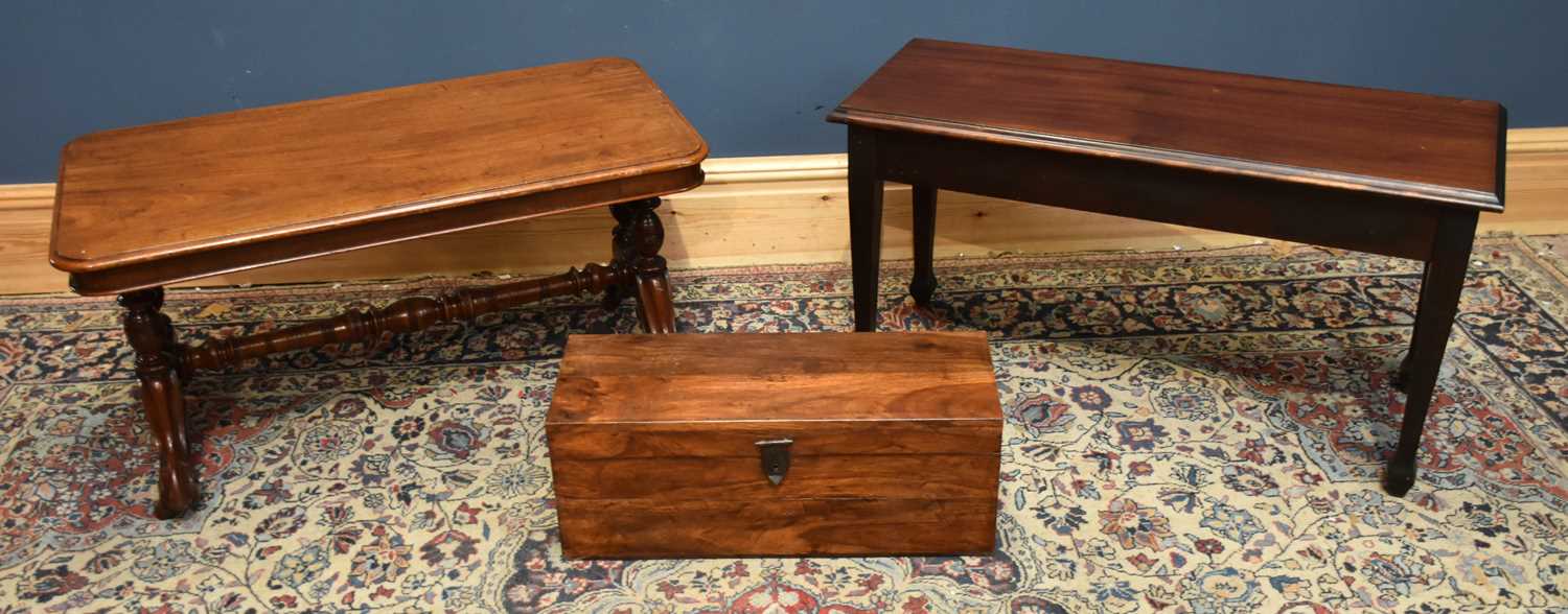 A Victorian mahogany rectangular coffee table, width 91cm, a modern coffee table with hinged top and